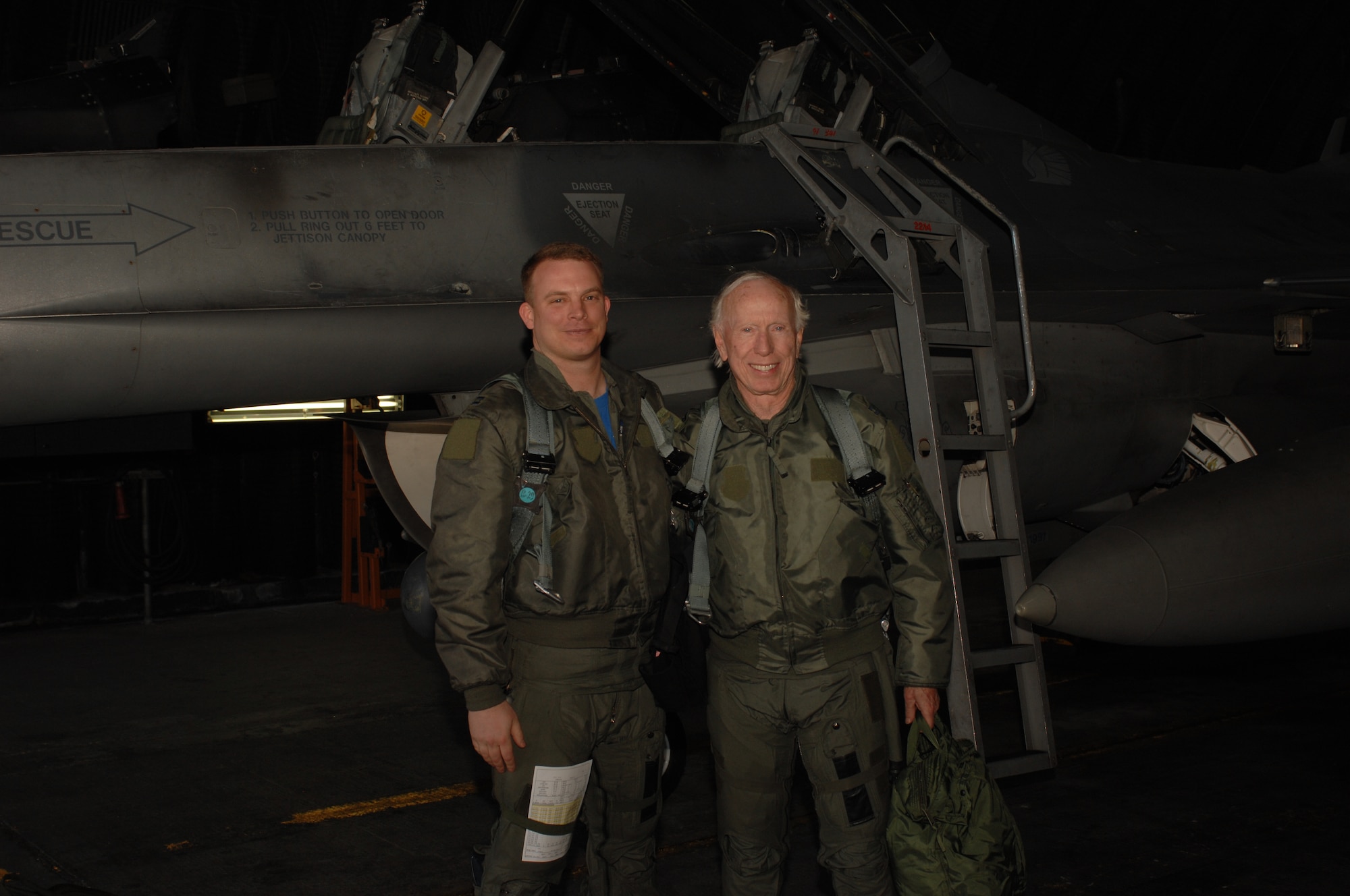 SPANGDAHLEM AIR BASE, German – Capt. Brendan Shannon, 23rd Fighter Squadron, prepares to give Ambassador Alfred Hoffman Jr., U.S. Ambassador to Portugal, an F-16 incentive flight Nov. 16, 2007. (U.S. Air Force photo/Senior Airman Kristin Ruleau)