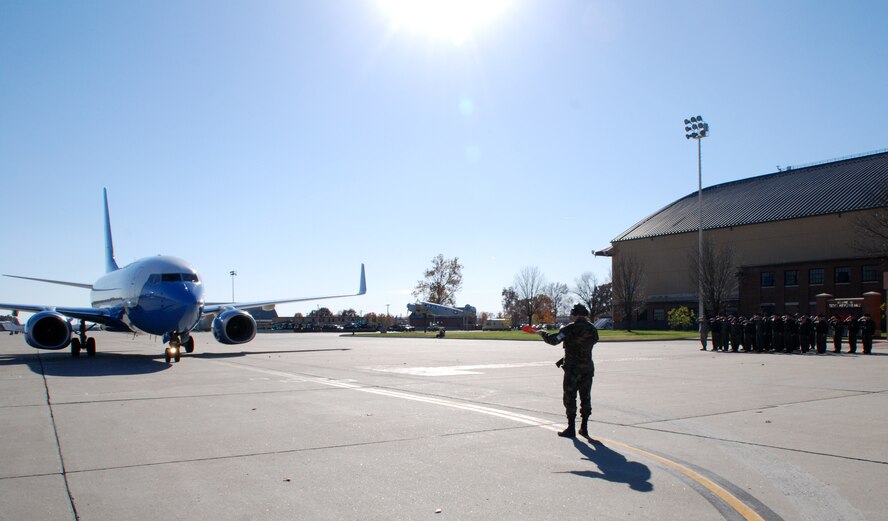 Senior Master Sgt. Bill Treakle directs the third new C-40C plane as it is delivered to the 932nd Airlift Wing, Air Force Reserve Command.  The Air Force Reservists are part of a select group of military flight attendants who are members of the 73rd Airlift Squadron, within the 932nd Airlift Wing, an Air Force Reserve Command unit located at Scott Air Force Base, Ill.