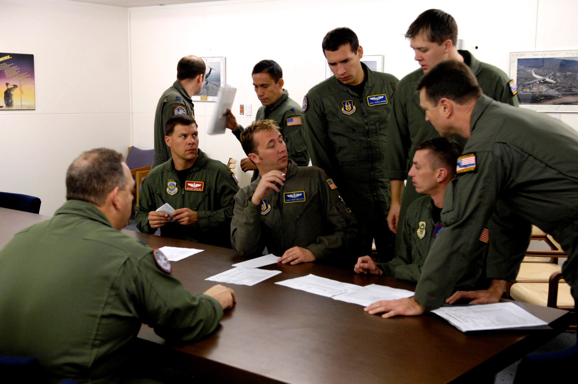 C-17 Globemaster III crewmembers conduct a pre-flight briefing prior to taking off on an Operation Deep Freeze mission Nov. 22 from Christchurch New Zealand. Reserve and active duty Airmen from McChord Air Force Base, Wash., are at Christchurch to support the 13th Air Force-led Joint Task Force Support Forces Antarctica's Operation Deep Freeze. (U.S. Air Force photo/Tech. Sgt. Shane A. Cuomo)