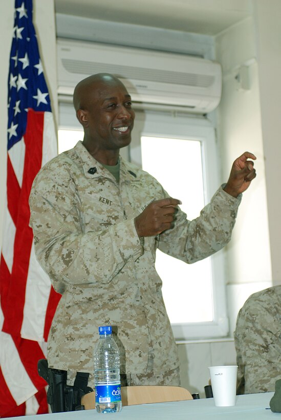 Sergeant Maj. of the Marine Corps Carlton W. Kent speaks to Kabul-area Marines at the International Security Assistance Forces dining facility in Kabul during a Nov. 25 visit to Afghanistan. Photo by Marine Staff Sgt. Luis P. Valdespino Jr.
