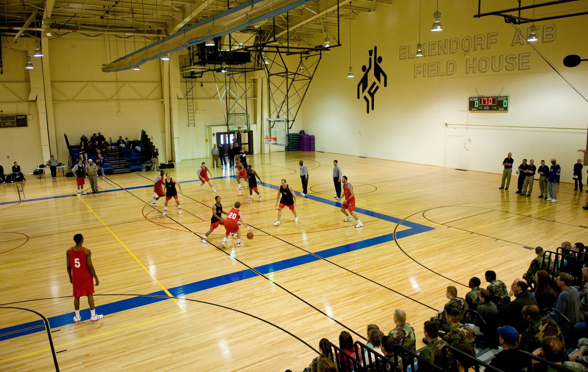 ELMENDORF AIR FORCE, Alaska -- The Texas Tech University basketball team practices at the fitness center here Nov. 21 for the Carrs/Safeway Great Alaska Shootout. The basketball tournament took place Nov. 20-24 at the Sullivan Arena in Anchorage. Texas Tech lost to Butler University 81-71 in the championship game Nov. 24. (U.S. Air Force photo by Airman 1st Class Jonathan Steffen)