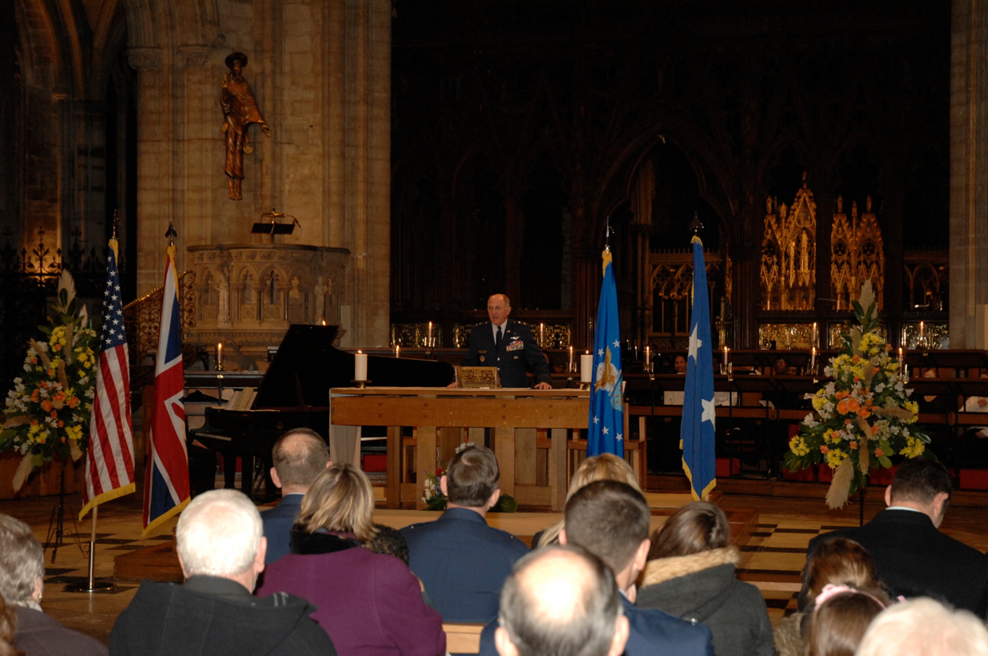 Chaplain (Maj. Gen.) Charles Baldwin, U.S. Air Force chief of chaplains, delivers a holiday message to approximately 1,200 British and American men and women during the Ely Cathedral Thanksgiving Eve service, Nov. 21. (U.S. Air Force photo by Airman 1st Class Erika Brooke)