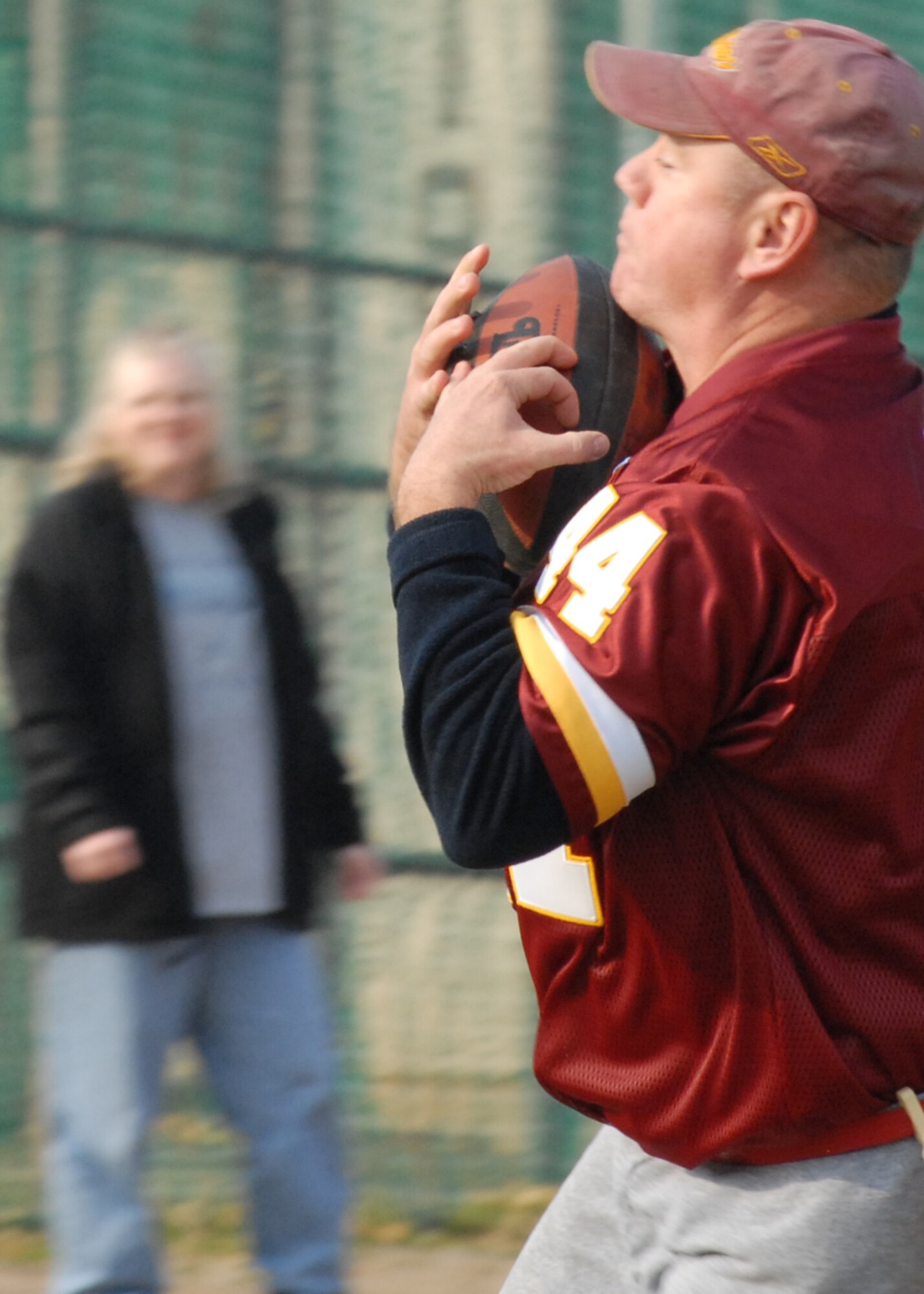 KUNSAN AIR BASE, South Korea—  Chief Master Sgt. John Anderson, 80th Aircraft Maintenance Unit, catches the ball to score the first touchdown of the chiefs versus commanders flag football game here Nov. 23. The chiefs won the game 20 to 6 against the commanders. The game is one of several sporting competitions between the two groups that have taken place during the course of the year.  (U.S. Air Force Photo/Staff Sgt. Araceli Alarcon) 