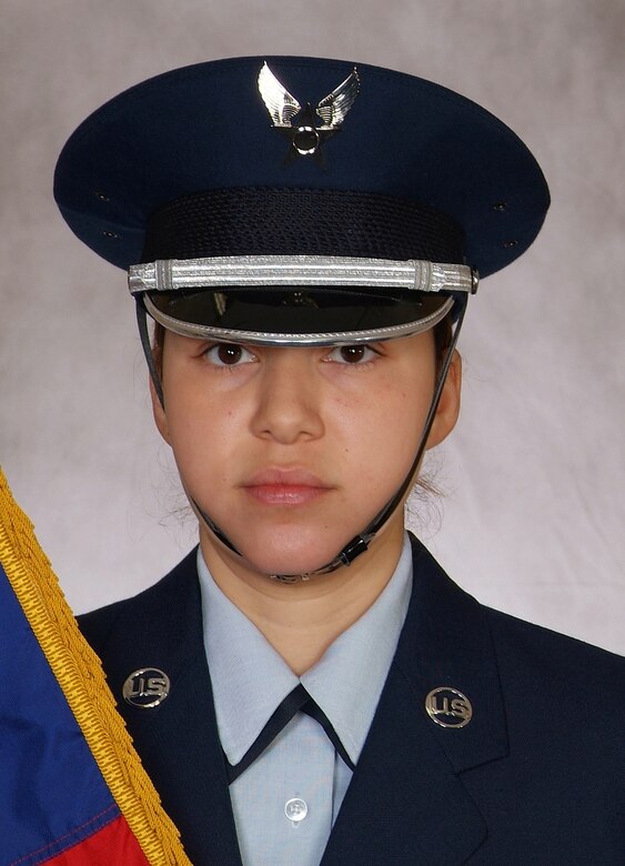 Senior Airman Amanda Mendoza, avaition resource mangager for the 33rd Flying Training Squadron, introduces herself and her involvement with the Silver Talon Honor Guard Team at Vance Air Force Base.