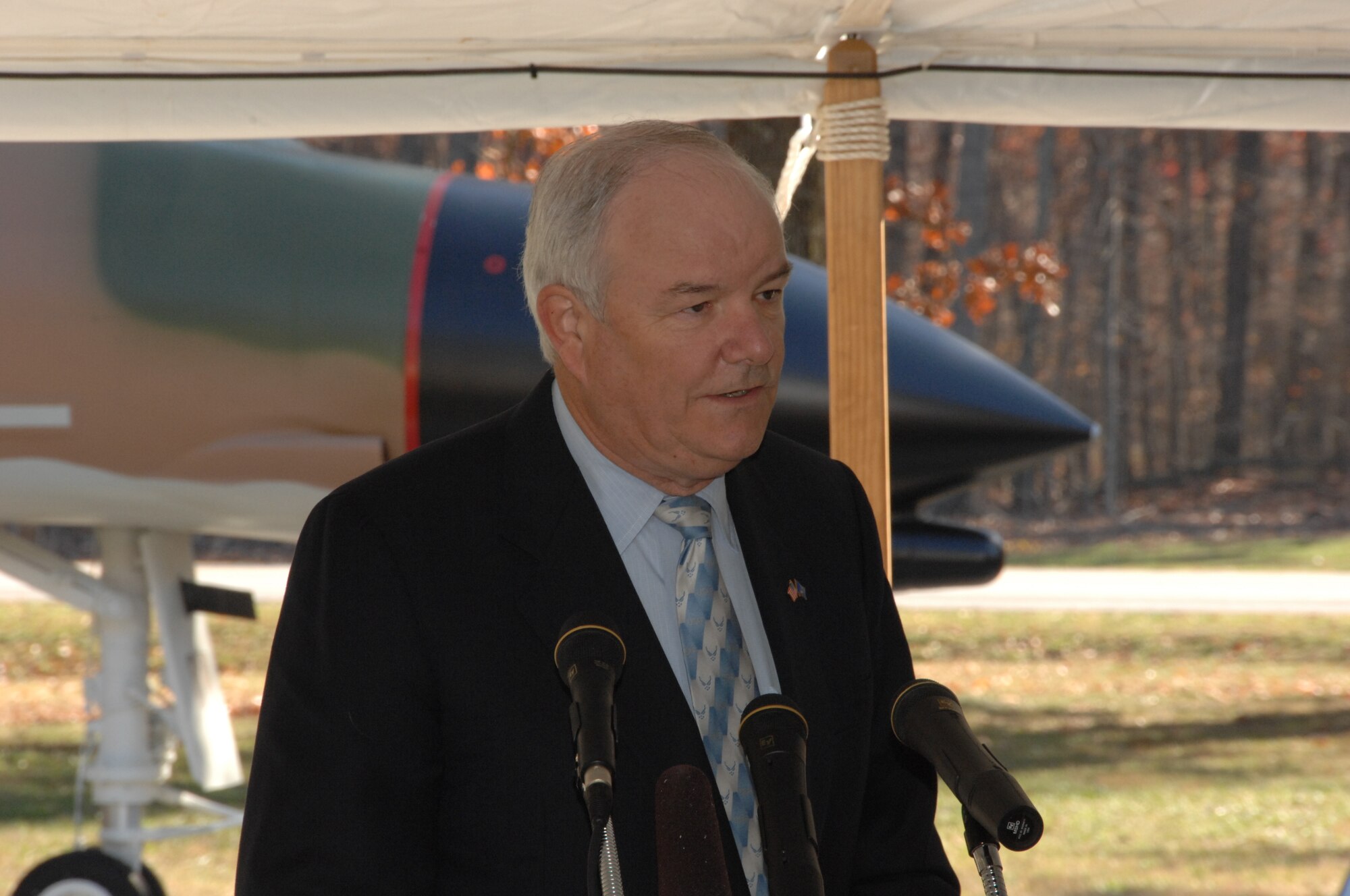 Secretary of the Air Force Michael Wynne talked about his brother during the dedication of the F-4C Phantom at Arnold Air Force Base. The F-4C was dedicated to Col. Lawrence Golberg and Maj. Patrick Wynne who shot down while flying a mission over North Vietnam in 1966.