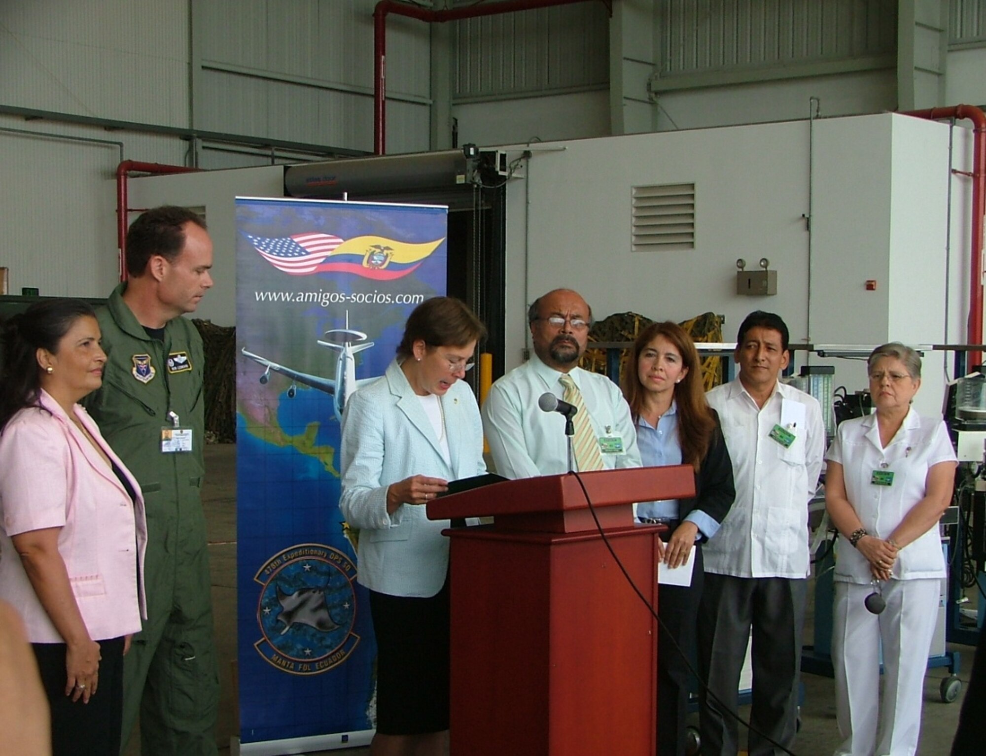 U.S. Ambassador Linda Jewell, along with Lt. Col. Robert Leonard, 478th Expeditionary Operations Squadron commander, presents $135,200 worth of medical equipment to representatives from Hospital Rodriguez Zambrano and San Gregorio Hospital.  Both hospitals are located in Manta, Ecuador. The donated equipment arrived at the FOL on a KC-135 from the Alabama Air National Guard’s 117th Air Refueling Wing.  Additional medical equipment arrived on a KC-135 from the Alaska Air National Guard’s 168th ARW.  Both wings deployed to Manta to support operations at the FOL. (U.S. Air Force photo/1st Lt. Malinda Singleton)