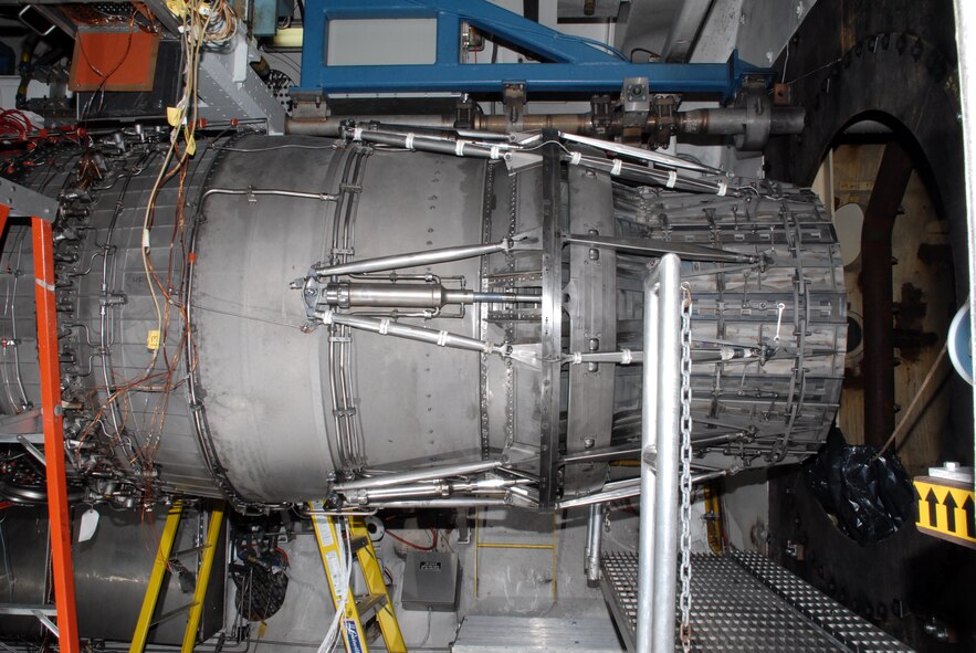 The General Electric F101 engine is currently being tested for running on a 50-50 blend of Fisher-Tropsch synthetic fuel and JP-8 fuel at Arnold Engineering Development Center, Arnold Air Force Base, Tenn. The F101 engine powers the B-1 bomber. (AEDC photo)