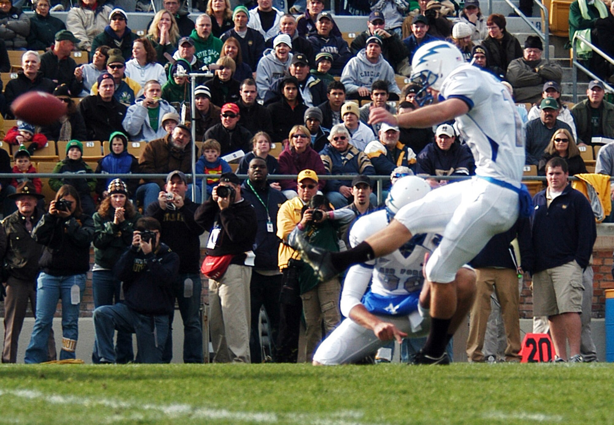 U.S. Air Force Academy kicker Ryan Harrison kicks a field goal during Air Force's 41-24 victory over Notre Dame Nov. 10 at South Bend, Ind. U.S. Air Force Academy officials have accepted a bid to play in the Bell Helicopter Armed Forces Bowl on New Year's Eve at Fort Worth, Texas. (U. S. Air Force photo/Staff Sgt. Monte Volk) 