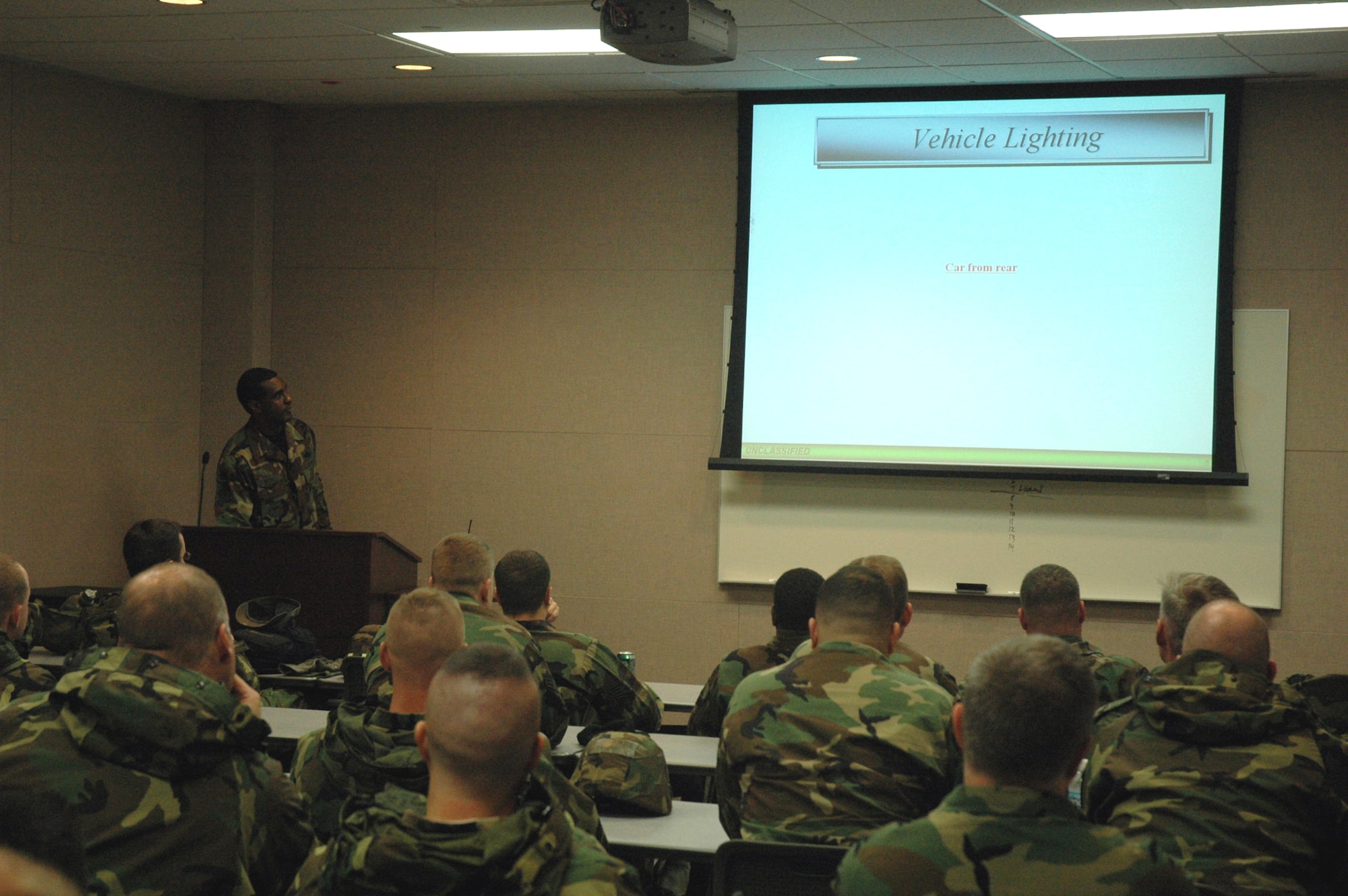 Master Sgt. John Brooks, an instructor from the U.S. Air Force Expeditionary Center's Mobility Operations School, teaches a class on night vision operations using night vision goggles to students in both the Air Force Contingency Response Formal Training Unit Basic Course 08-1 and the Air Force CR FTU Advanced Course 08-1 Nov. 15 at Fort Dix, N.J.  Both courses are 22 days long and they include 10 days of training in the Air Force Advanced Contingency Skills Training Course taught by the Center's Expeditionary Operations School.  (U.S. Air Force Photo/Tech. Sgt. Scott T. Sturkol)