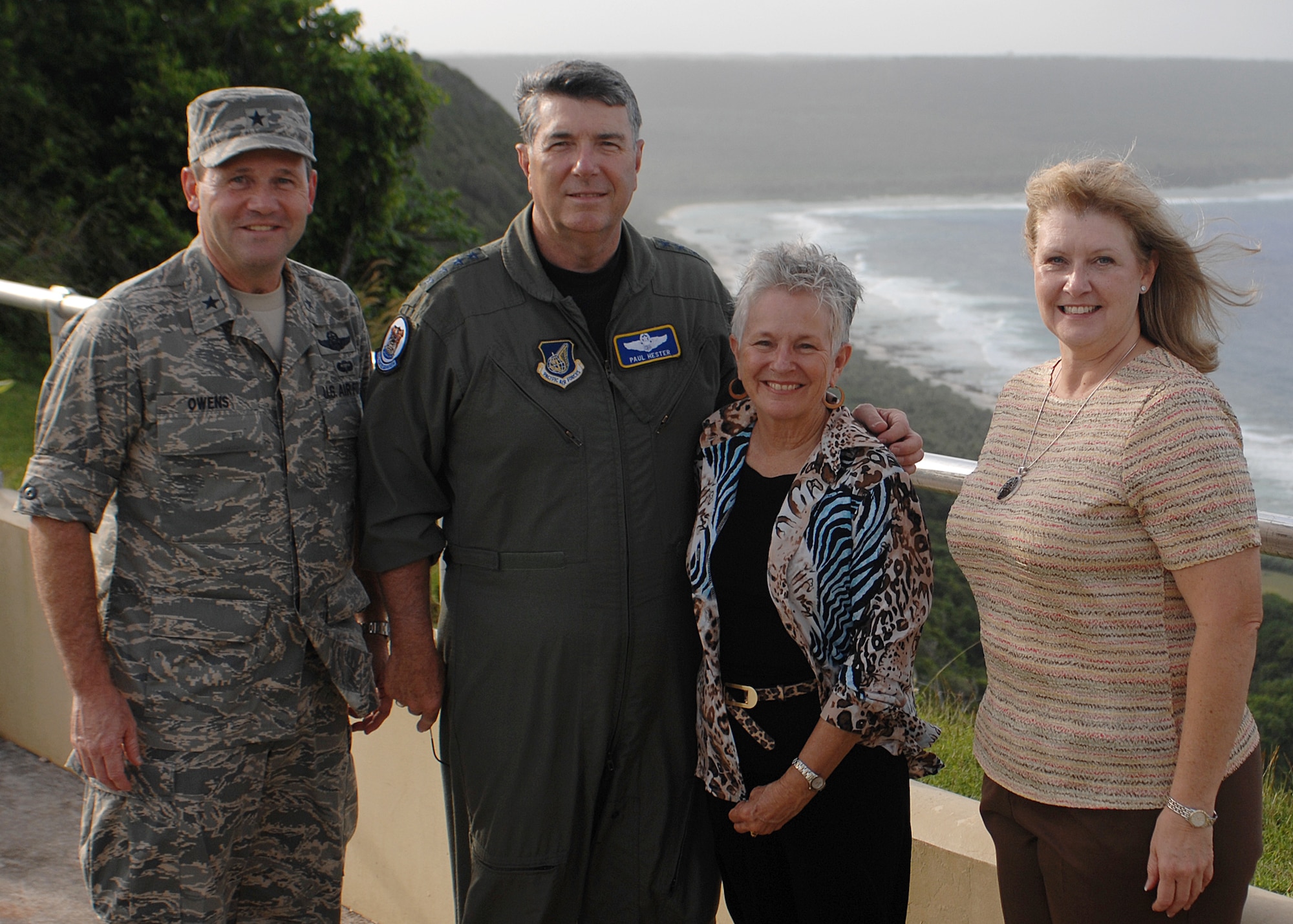 Gen. Paul Hester, Pacific Air Forces commander, and his wife, Lynda, receive a base tour from Brig. Gen. Douglas Owens, 36th Wing commander, and his wife, Teresa. General Hester is scheduled to retire Nov. 30 and relinquish command of PACAF to Lt. Gen. Carrol Chandler. (U.S. Air Force photo/Senior Airman Sonya Padilla)
