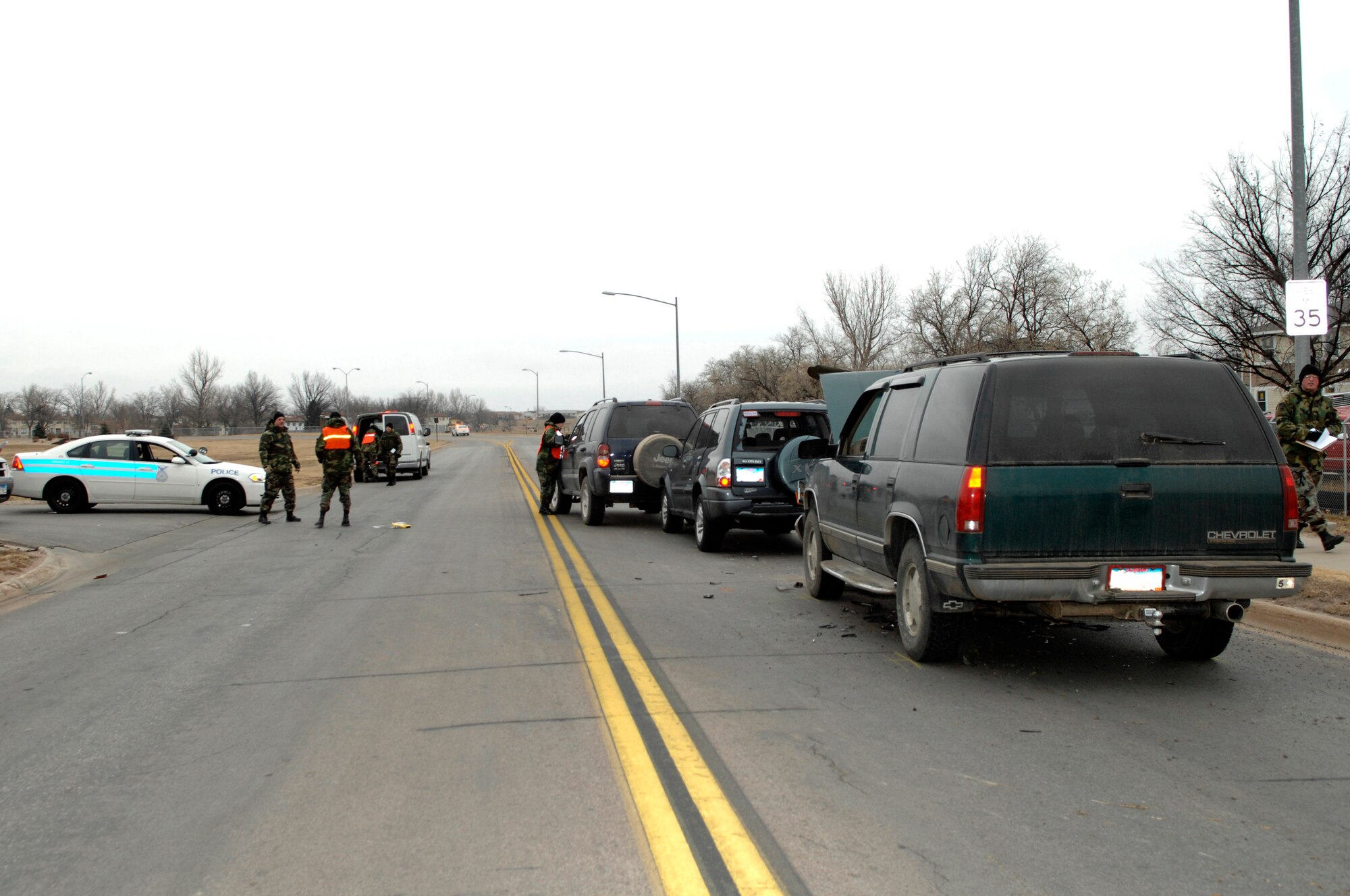 Two civilians and one servicemember were involved in a three car accident north of Lemay and Doolittle Blvd. at 7 a.m. Nov. 27. One civilian was transported to Rapid City Regional Hospital and was treated and released. Servicemembers are reminded to observe all safety requirements while traveling on Ellsworth.(U.S. Air Force photo by Senior Airman Angela Ruiz)