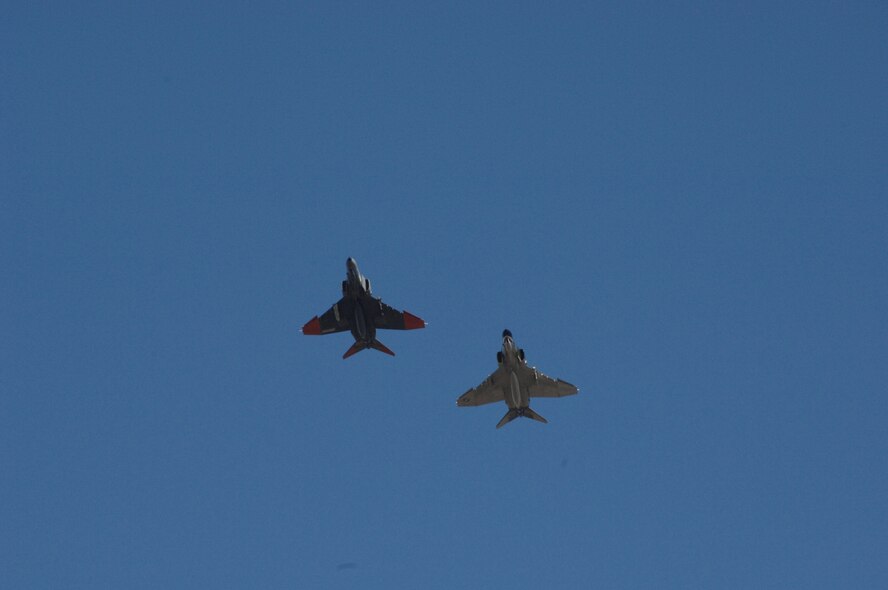 During the dedication of an F-4C Phantom Nov. 27 at Arnold Air Force Base, Tenn., two F-4C aircraft from Tyndall AFB, Fla., perform a flyover, a tradition dating back to World War I.  The F-4 was dedicated to Col. Lawrence Golberg and Maj. Patrick Wynne who were shot down while flying a mission over North Vietnam in 1966.  (U.S. Air Force photo/David Housch)