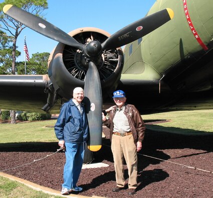 Staff Sgt. Mike Ingrisano and Lt. Bill Prindible with an old friend,
a C-47, tail number 43-15510, located in the Hurlburt Field Memorial Air Park. (Courtesy photo)
