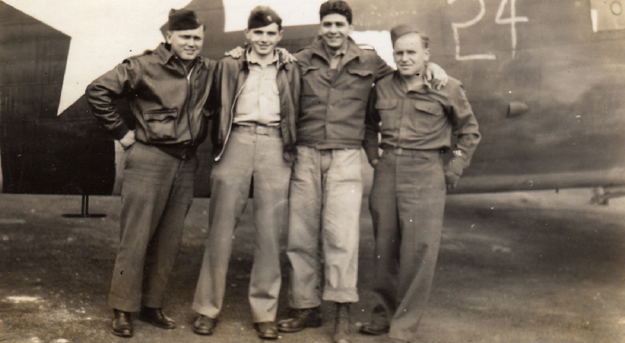 Crew of the Hurlburt C-47, tail number 43-15510,on Sept. 17, 1944, before the first mission of Operation Market Garden: Lt. John Harmonay, Lt. Bill Prindible, Staff Sgt. Mike Ingrisano and Tech. Sgt. Jules Zinkiewicz. (Courtesy photo)
