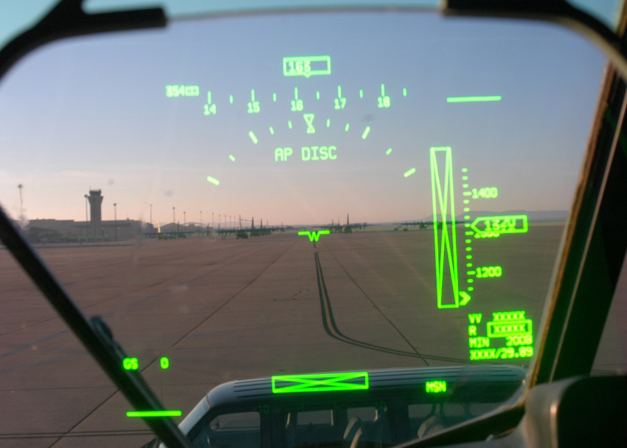 The heads up display allows the pilot to see critical information without having to look down at the instrument panel. It is one of the several changes the C-130 AMP program developed. (U.S. Air Force Photo by Senior Airman Joel Mease)