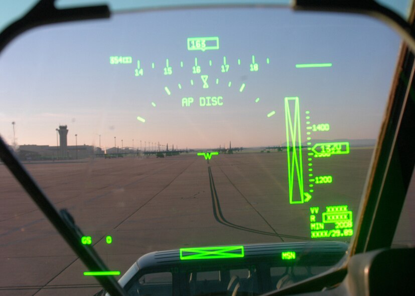 The heads up display allows the pilot to see critical information without having to look down at the instrument panel. It is one of the several changes the C-130 AMP program developed. (U.S. Air Force Photo by Senior Airman Joel Mease)