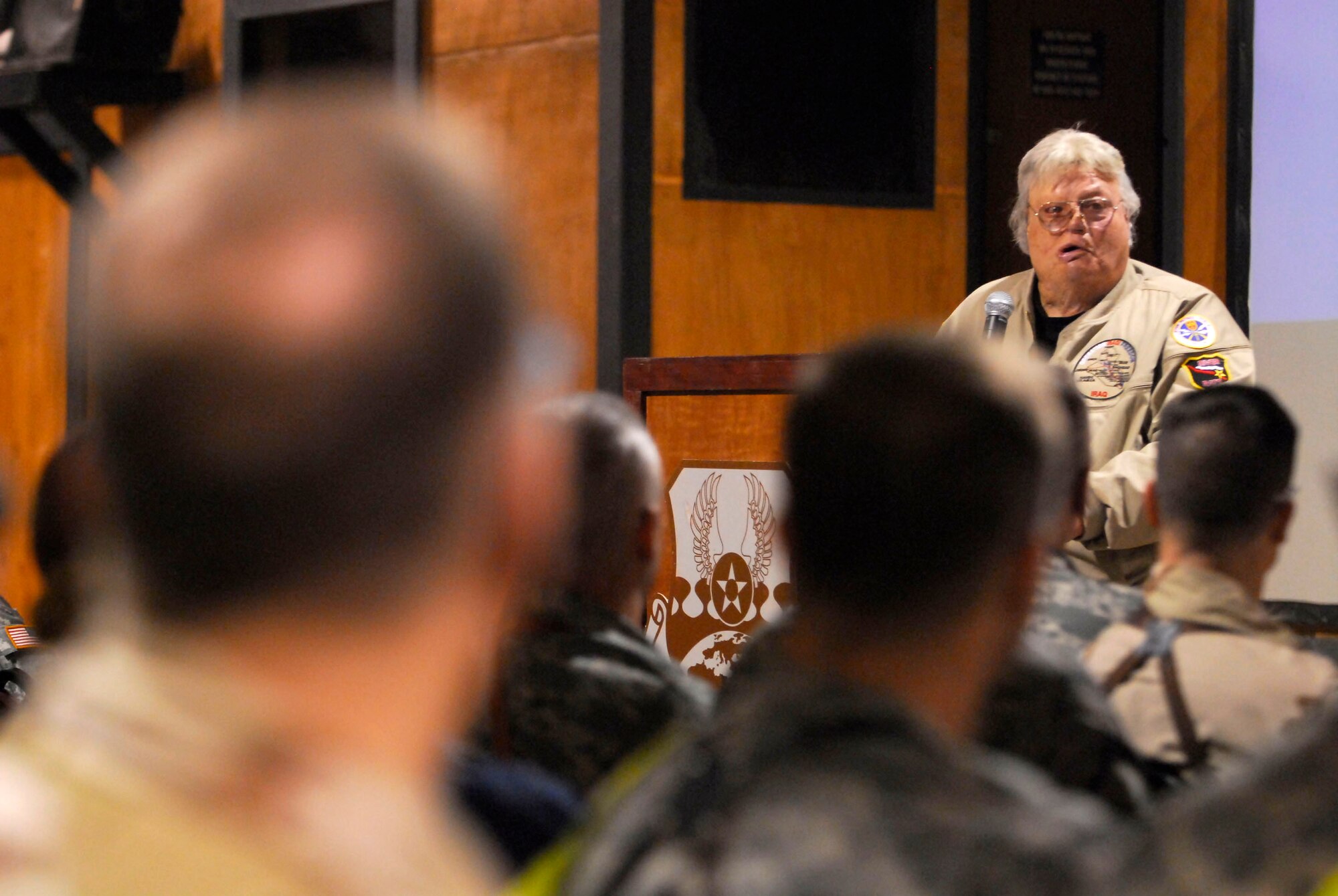 Inspirational speaker and disabled Vietnam War veteran Dave Roever shares his life story with servicemembers Nov. 26 at Balad Air Base, Iraq. Mr. Roever was injured by a phosphorous grenade while serving in the Navy during Vietnam. He uses his experiences overcoming obstacles to inspire audiences around the world. (U.S. Air Force photo/Staff Sgt. Joshua Garcia) 
