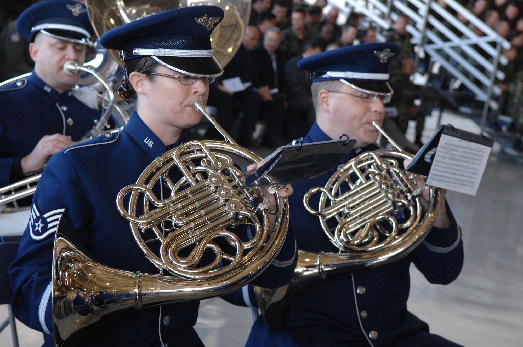 Members of the Band of the United States Air Force Reserve play a song prior to the start of the Air Force Special Operations Command change of command ceremony Nov. 27 at Hurlburt Field, Fla. Lt. Gen. Donny Wurster assumed command of AFSOC from Lt. Gen. Mike Wooley during the ceremony attended by more than 1,000 Airmen and guests. (U.S. Air Force photo/Senior Airman Julianne Showalter)