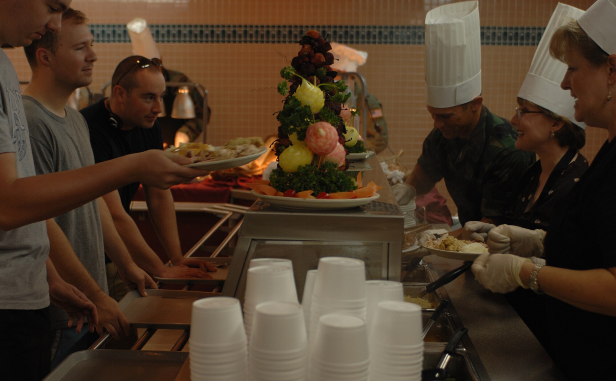 Airmen had a variety of foods to choose from on Thanksgiving Day.  The menu included turkey, ham, beef, shrimp, rice, mashed potatoes, sweet potatoes and other vegetables. (U.S. Air Force photo/Senior Airman Angelique Smythe)
