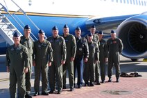 The commander of Fourth Air Force, Maj. Gen. Robert Duignan (center, in leather jacket), flew a new C-40C from Seattle to the 932nd Airlift Wing at Scott Air Force Base, Ill.  The wing now has three of the C-40C and three C-9C planes all used for distinguished visitor airlift.