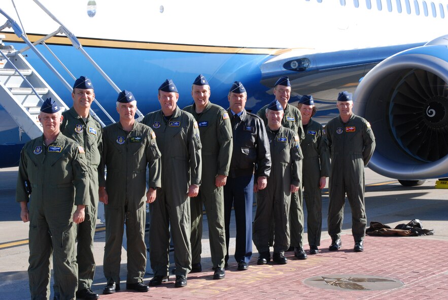 The commander of Fourth Air Force, Maj. Gen. Robert Duignan (center, in leather jacket), flew a new C-40C from Seattle to the 932nd Airlift Wing at Scott Air Force Base, Ill.  The wing now has three of the C-40C and three C-9C planes all used for distinguished visitor airlift.