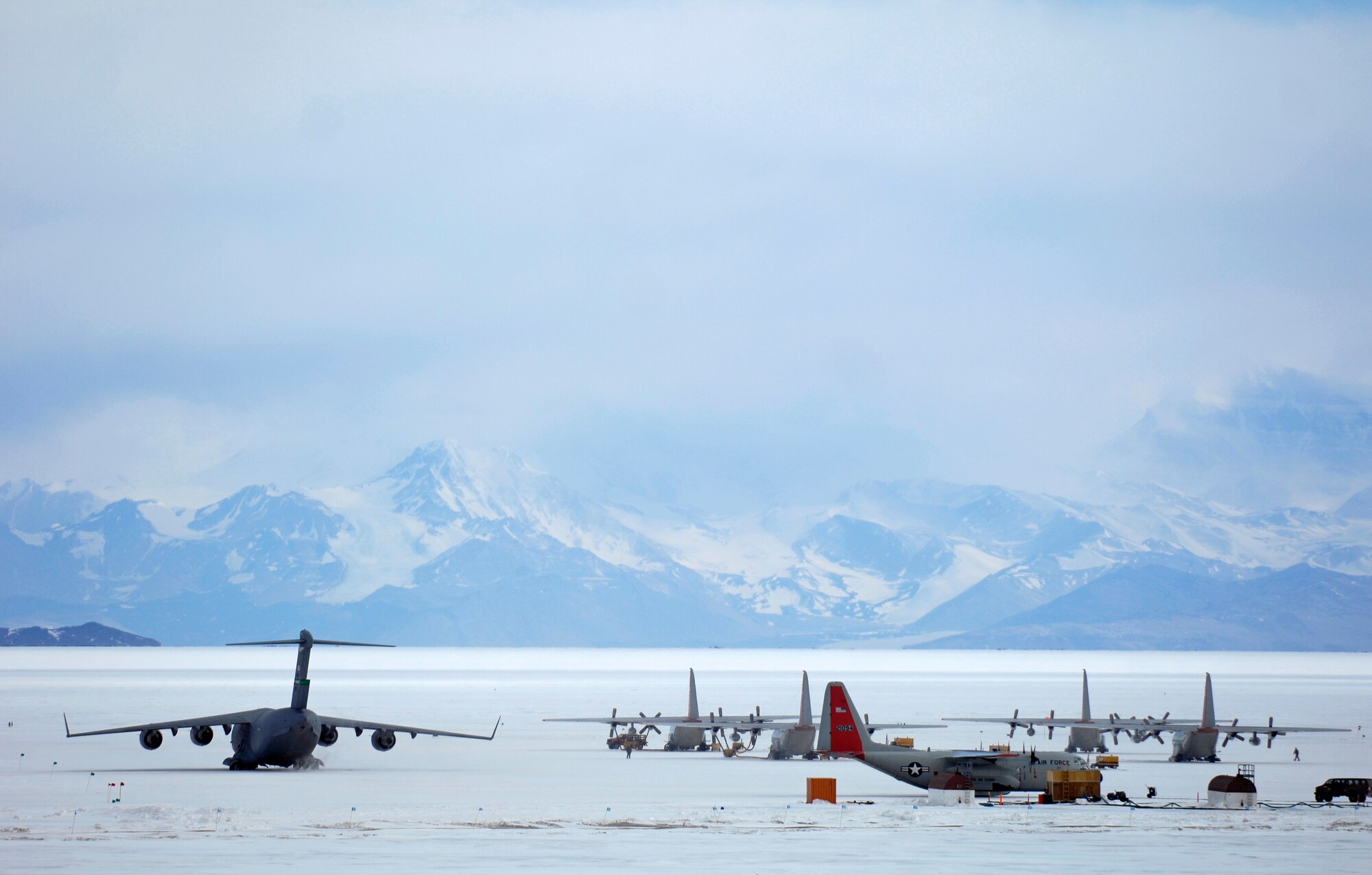 A C-17 Globemaster III taxis off the annual sea ice runway near McMurdo Station, Antarctica Nov. 26, 2007 during Operation Deep Freeze.  C-17s fly large cargo loads from Christchurch New Zealand to Antarctica while the LC-130 Hercules, stationed at McMurdo, fly smaller cargo loads to research posts throughout the continent. The C-17s from McChord Air Force Base, Wash. and ski-equipped LC-130s from the New York Air National Guard’s 109th Airlift Wing are supporting the 13th Air Force-led Joint Task Force Support Forces Antarctica, Operation Deep Freeze. Operation Deep Freeze is a unique joint and total force mission that has supported the National Science Foundation and U.S. Antarctic Program that began in 1955. (U.S. Air Force photo/Tech. Sgt. Shane A. Cuomo)