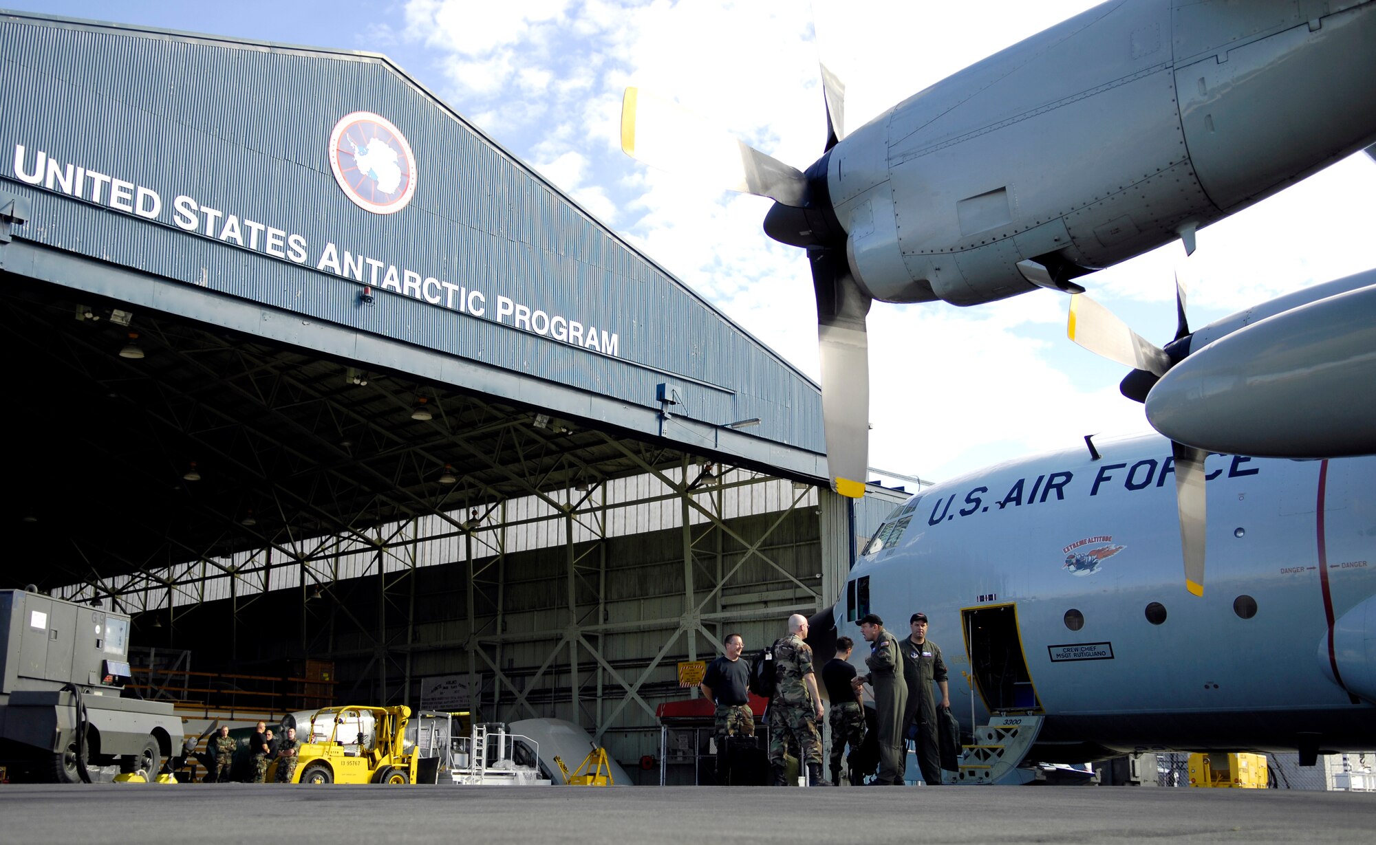 An LC-130 Hercules is offloaded Nov. 23, 2007 at Christchurch International Airport, Christchurch, New Zealand during Operation Deep Freeze. The ski-equipped LC-130s from the New York Air National Guard’s 109th Airlift Wing transport passengers and cargo from McMurdo Station Antarctica to other research posts throughout the continent to support the 13th Air Force-led Joint Task Force Support Forces Antarctica, Operation Deep Freeze. Operation Deep Freeze is a unique joint and total force mission that has supported the National Science Foundation and U.S. Antarctic Program that began in 1955. (U.S. Air Force photo/Tech. Sgt. Shane A. Cuomo)

