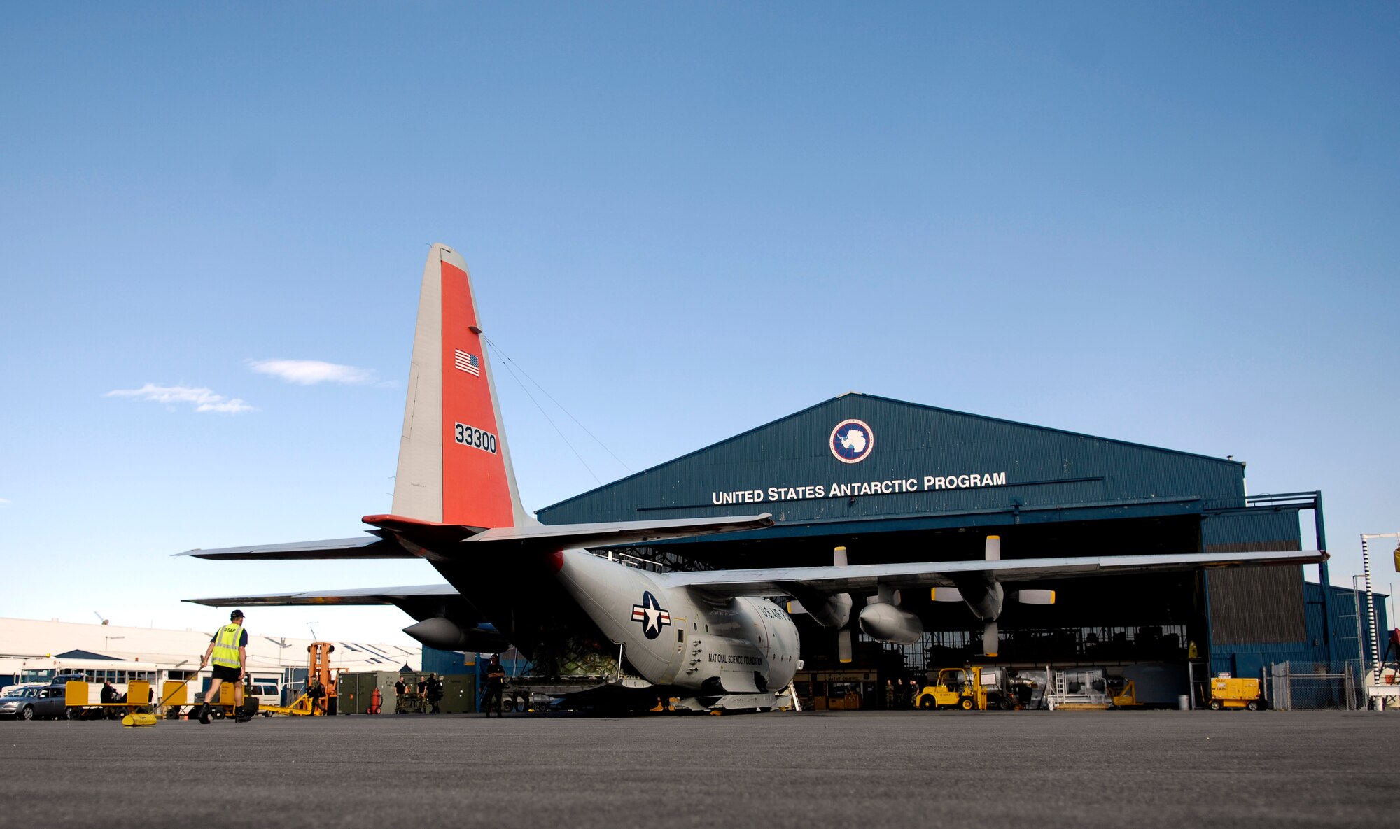 An LC-130 Hercules waits to be offloaded Nov. 23, 2007 at Christchurch International Airport, Christchurch, New Zealand during Operation Deep Freeze. The ski-equipped LC-130s from the New York Air National Guard’s 109th Airlift Wing transport passengers and cargo from McMurdo Station Antarctica to other research posts throughout the continent to support the 13th Air Force-led Joint Task Force Support Forces Antarctica, Operation Deep Freeze. Operation Deep Freeze is a unique joint and total force mission that has supported the National Science Foundation and U.S. Antarctic Program that began in 1955. (U.S. Air Force photo/Tech. Sgt. Shane A. Cuomo)