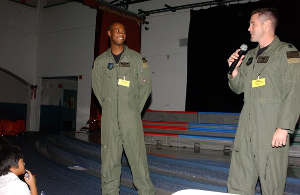 Capt. Joe Tullos, 393rd Expeditionary Bomb Squadron standardization and evaluation officer (left) and Capt. Justin Grieves, 393rd EBS weapons and tactics officer, discuss the B-2 bomber’s unique capability and share their Air Force experiences at Andersen’s middle school prior to the static aircraft display event. Both of the stealth bomber aviators were available for photos with the students. (U.S. Air Force photo/Tech. Sgt. Steven Wilson)