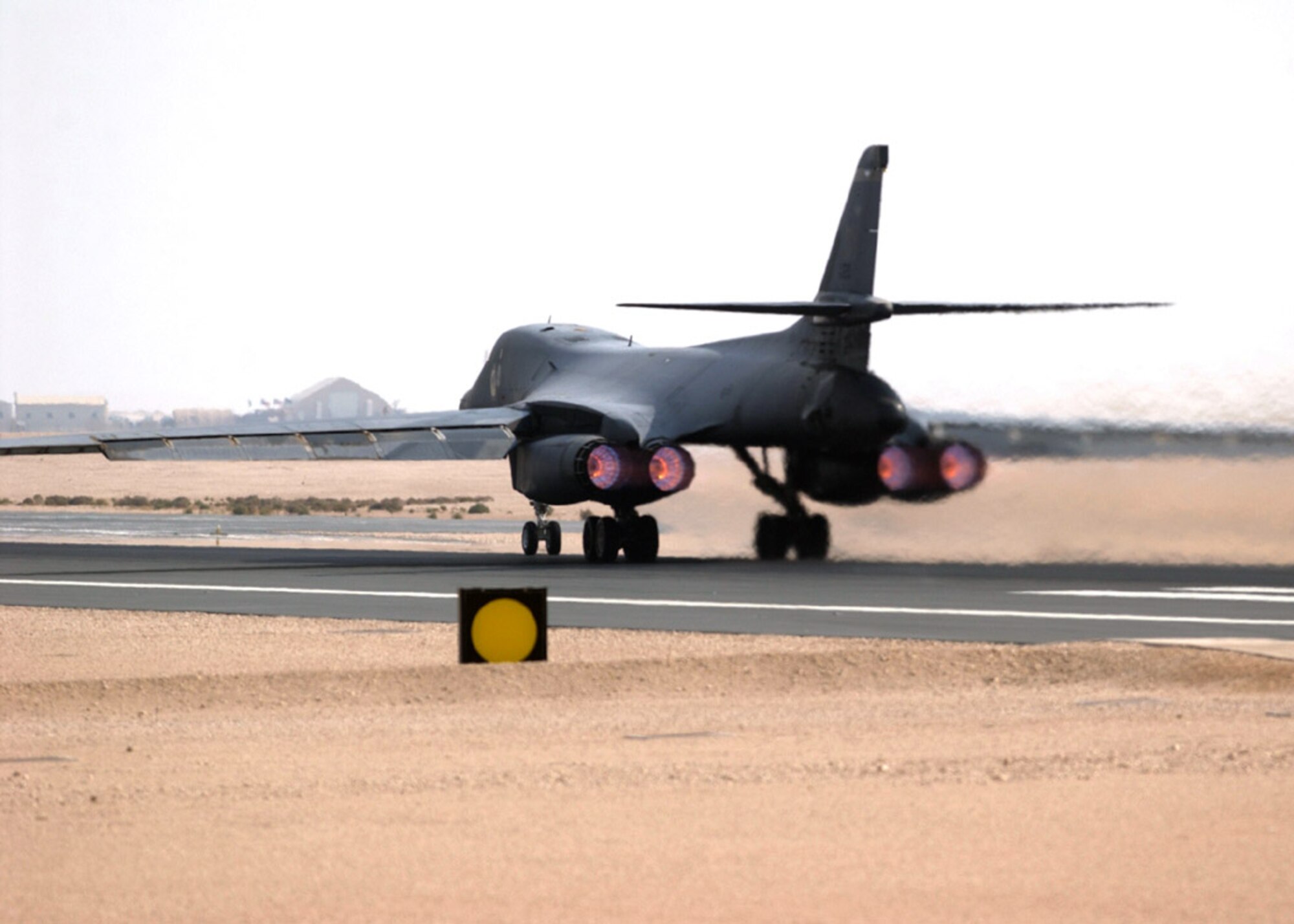 An Air Force B-1B Lancer takes off from an air base in Southwest Asia. The B-1B flies a wide range of mission in support of Operations Enduring and Iraqi Freedom. (U.S. Air Force photo/Staff Sergeant Douglas Olsen)