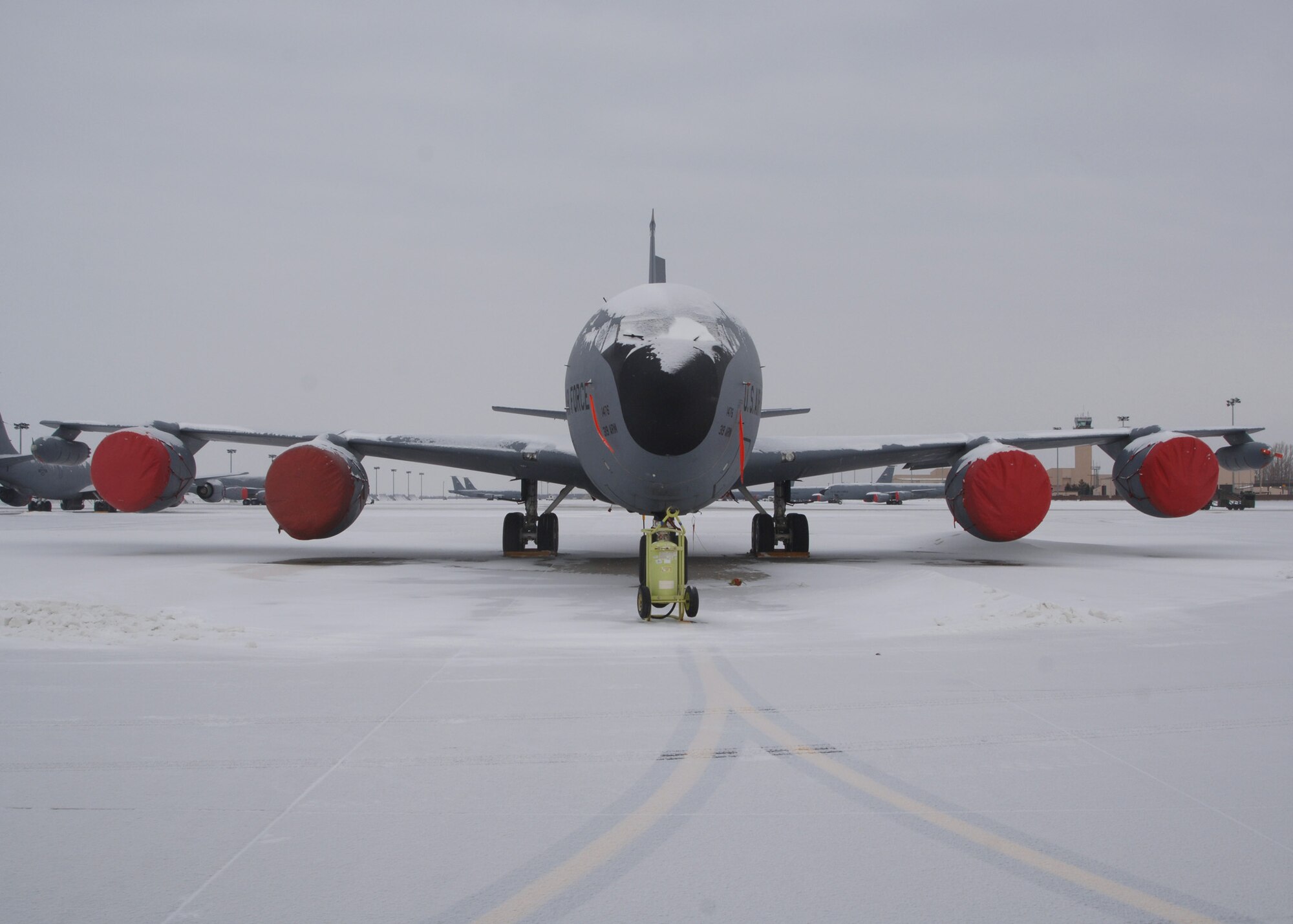 KC-135 Stratotanker sits on the flight line during an exercise at Grand Forks Air Force Base, North Dakota on November 28, 2007. The base is undergoing an strategic exercise in the -12 degree weather, -20 degree wind chill, a typical North Dakota day in the winter months. (U.S. Air Force photo/Senior Airman Chad M. Kellum)