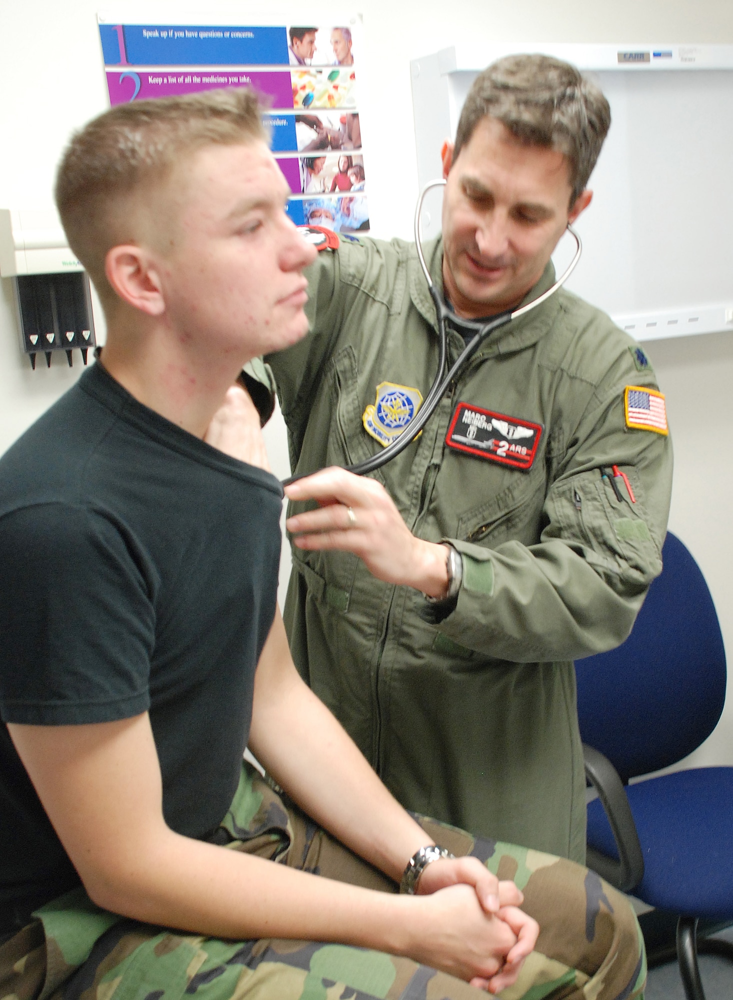 Lt. Col. (Dr.) Marc Neiberg, 305th Medical Group flight surgeon, examines his patient, Airman 1st Class Mitchell Schulz, 305th Operations Support Squadron air traffic controller, during his appointment here Nov. 28. Dr. Neiberg, a former internist, left his private practice about two years ago to become a doctor in the Air Force. (U.S. Air Force photo/Airman 1st Class Rebekah Phy)