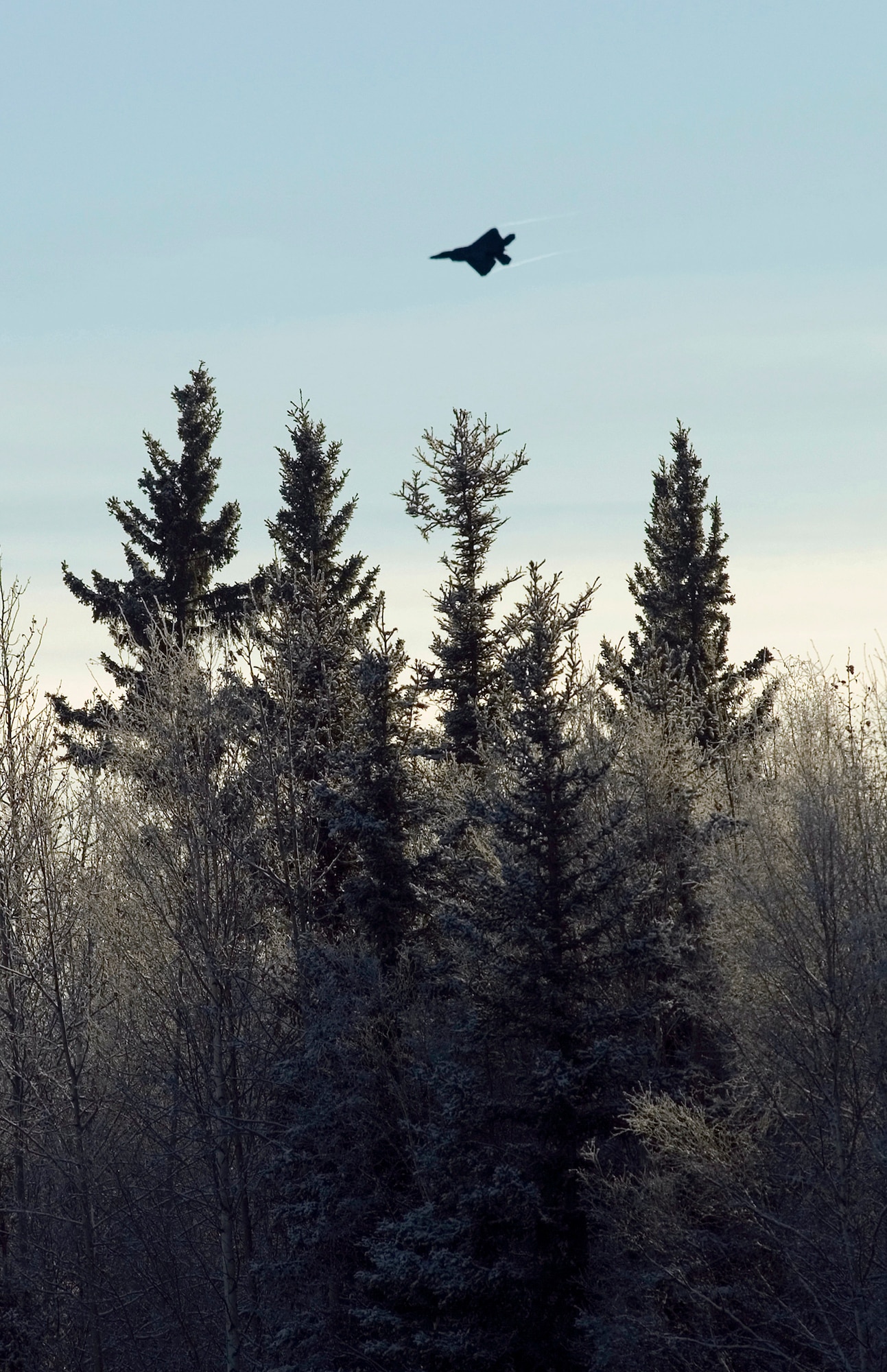An F-22 Raptor flies above Alaska as it arrives Nov. 5 to Eielson Air Force Base, Alaska. The F-22 underwent cold-weather testing on its braking system, with emphasis on its ability to maneuver, stop and go on slippery surfaces. The aircraft was tested by the 411th Flight Test Squadron during a three-week deployment on incrementally low-level runway condition reading surfaces, with temperatures ranging between 37 to -13 degrees. The F-22 is from Edwards AFB, Calif. (U.S. Air Force photo/Kevin Roberston) 
