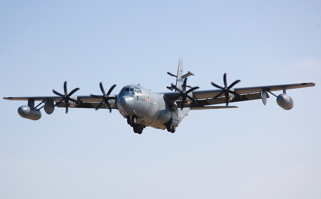 An EC-130J Commando Solo aircraft prepares to land at an air base in Southwest Asia. The EC-130J conducts information operations, psychological operations and civil affairs broadcasts in the AM, FM, HF, TV and military communications bands. (U.S. Air Force photo/Staff Sgt. Tia Schroeder)