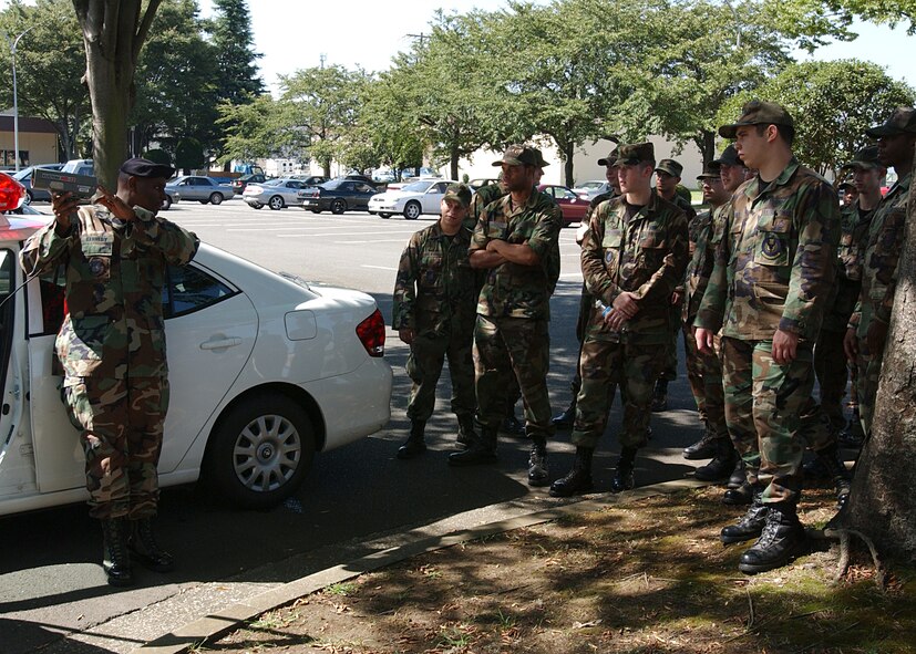 YOKOTA AIR BASE, Japan - Senior Airman Clifton Kennedy, from the 374th Security Forces Squadron, demonstrates how to properly use a radar gun to augmentees during the Samurai Readiness Training day on September 21, 2007. The augmentees are part of the Resource Augmentation Duty Security Forces Team and the training is designed to prepare the augmentees for the specific duties their team will perform. (U.S. Air Force photo by Airman First Class Jonathan Fowler)