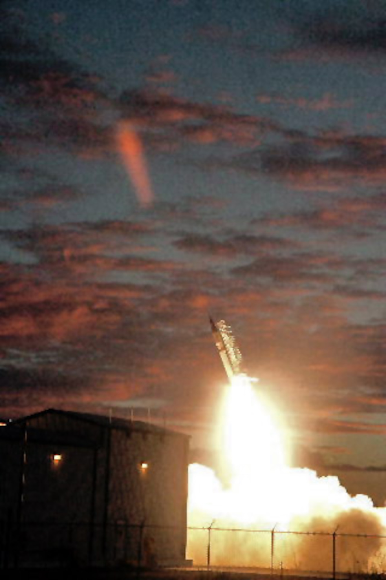 A Navy-supplied rocket propels the Re-Entry Structures Experiment into space following a 6:45 a.m. launch Sept. 20 at White Sands Missile Range, N.M. It reached an altitude of 95,000 feet at Mach 5 (five times the speed of sound, or 3,800 miles per hour). It then descended to the desert in two pieces, which safely landed more than 21 miles north of its launch point. (U.S. Air Force photo) 
