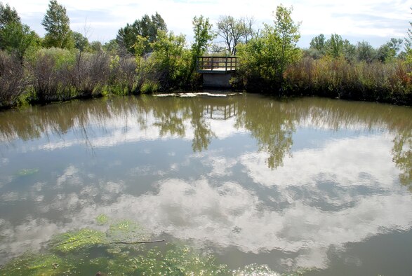 The informally named Pump House Pond is located near the center of the Crow Creek nature trail. There are two piers overlooking this hand dug pond that dates back to the late 1800s (Photo by Airman 1st Class Daryl Knee).