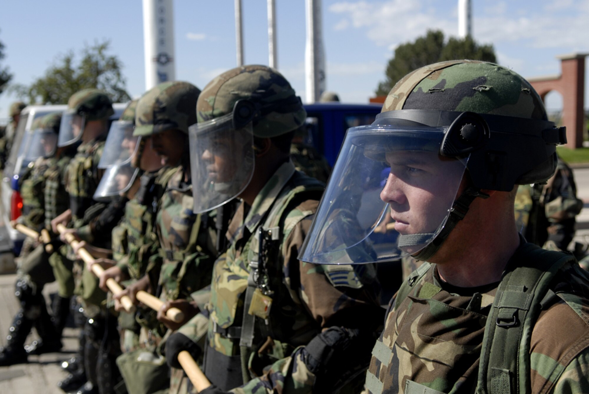Members of the 90th Security Forces Group line the street at Warren’s front gate Sept. 15 in response to a mock protest. Security forces are called to ensure the protest remains legal and the base secure (Courtesy photo).