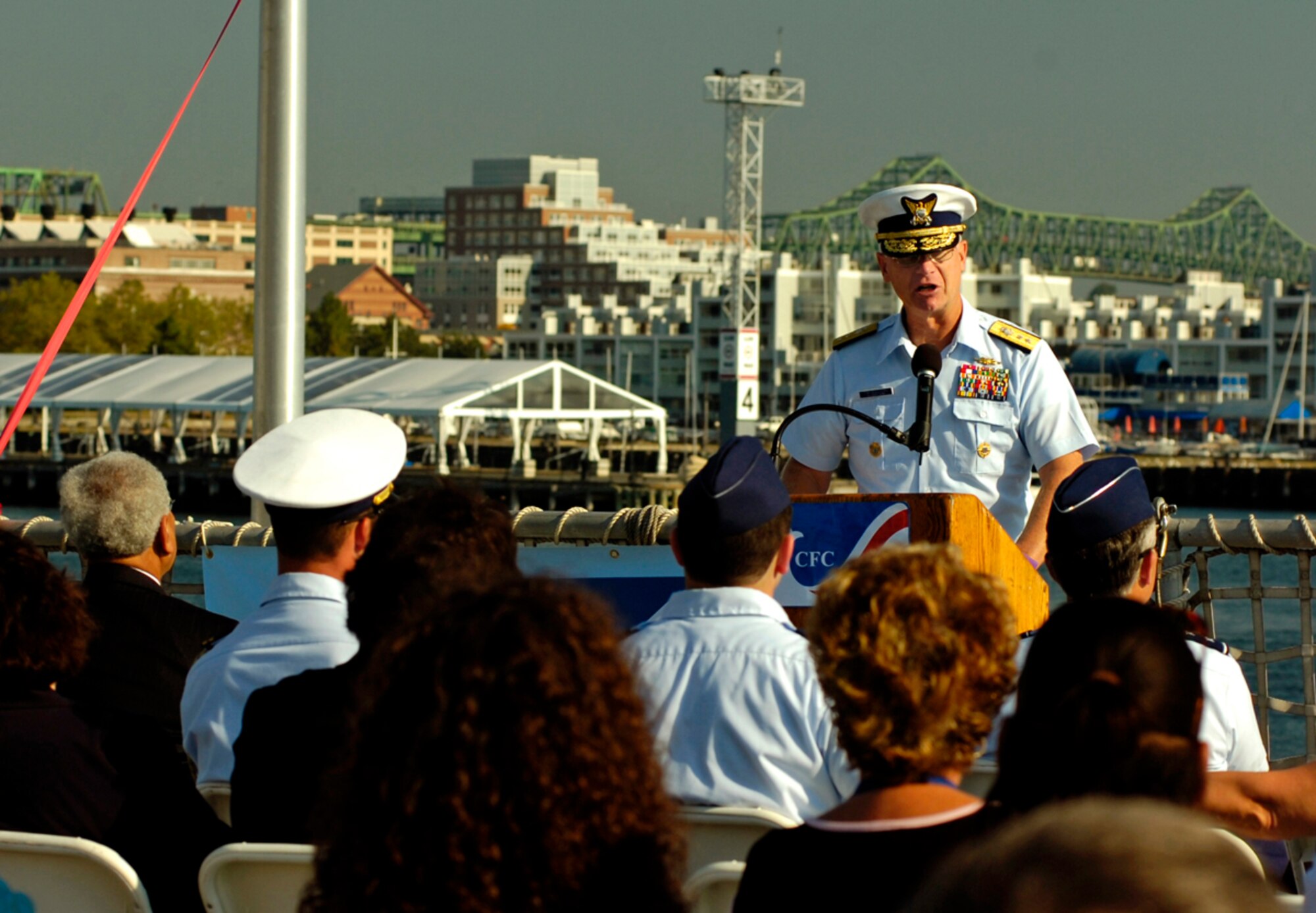 BOSTON -- Rear Adm. Timothy Sullivan, commander First Coast Guard District, encourages federal employees from the Coast Guard, Air Force, Army, Navy, Postal Service, Environmental Protection Agency, IRS and other agencies to contribute to the Combined Federal Campaign during a ceremony aboard the cutter Escanaba here to celebrate the campaign's Eastern Massachusetts kick-off Sept. 26. (U.S.Coast Guard photo by Petty Officer 2nd Lauren Downs) 
