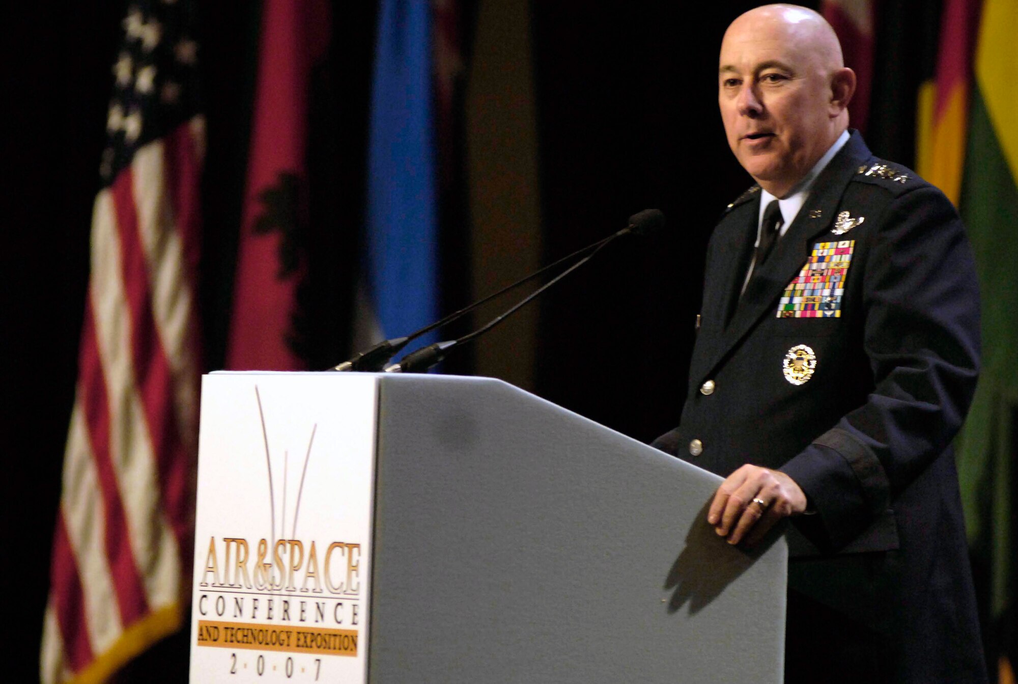 Gen. T. Michael Moseley addresses the crowd at the Air Force Association's 2007 Air and Space Conference and Technology Exposition Sep. 26 in Washington, D.C. General Moseley is the Air Force chief of staff. (U.S. Air Force photo/Airman 1st Class Sean Adams)