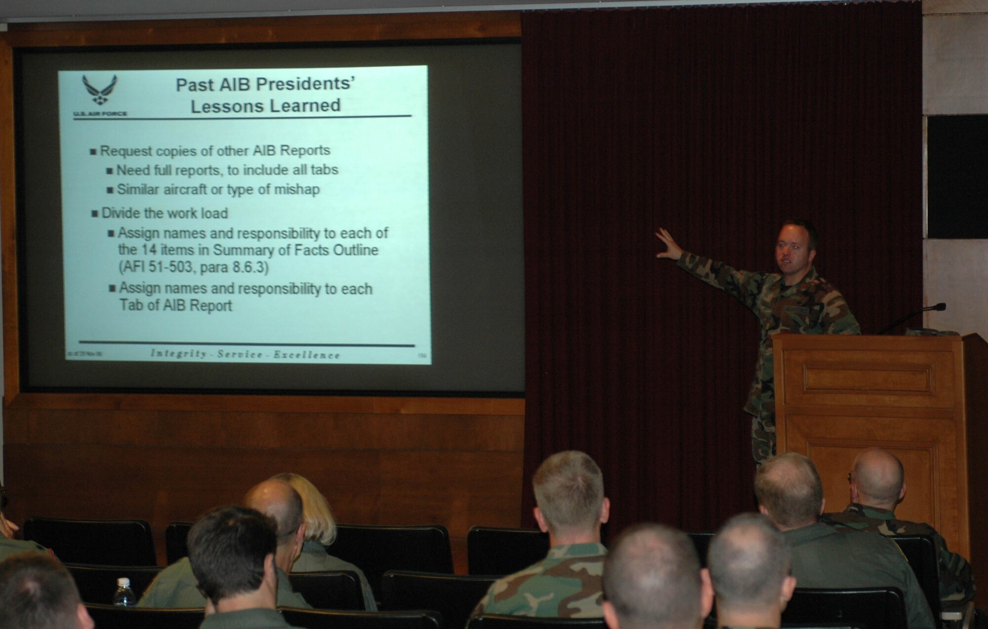 Maj. Drew Krog, Safety Investigation Board Course instructor, discusses examples of safety investigation boards and their outcome during the Safety Investigation Board/Accident Investigation Course at the 9th Arial Refueling Squadron auditorium Sept. 27 to 29. (U.S. Air Force photo/Staff Sgt. Matthew McGovern)