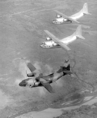 Ranch Hand aircrews prided themselves on excellent formation flying. This photo was taken when Ranch Hand aircraft were beginning to be camouflaged. Also, their designation was changed from C-123B to UC-123B. (U.S. Air Force photo)