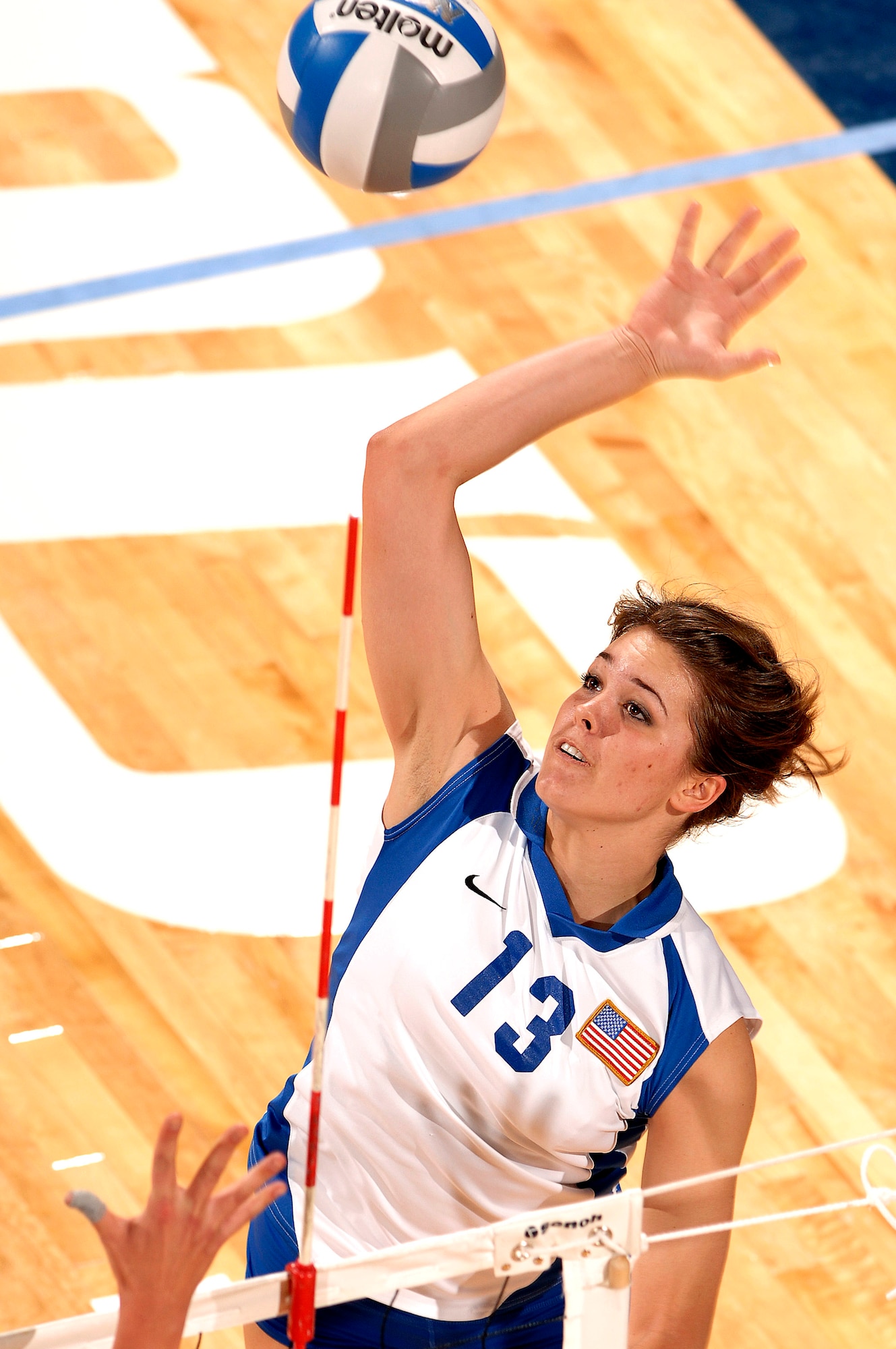 U.S. Air Force Academy freshman Caroline Kurtz goes airborne for the one of her six kills against Brigham Young University as the Air Force volleyball team dropped a three-game decision to the 23rd-ranked Cougars Sept. 29 at the Academy's Clune Arena in Colorado. The Falcons return to the road to take on the San Diego State Aztecs Oct. 4 before heading to face the University of Nevada, Las Vegas Oct. 6. (U.S. Air Force photo/Mike Kaplan)
