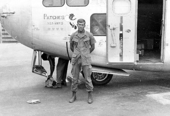 A1C Robert Norton, Patches’ last crew chief in Southeast Asia, at Bien Hoa Air Base. Note that the number of hits is at 553 at this date. (U.S. Air Force photo)