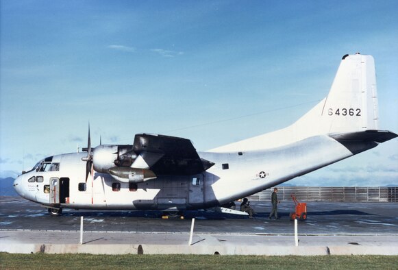 Patches in the summer of 1971. Unlike most C-123s later in the war, Patches was not camouflaged. The natural metal was a way to indicate to the communists it was spraying to control the mosquitoes—a common enemy—thereby making it less likely to be shot at. (U.S. Air Force photo)