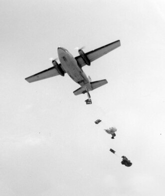 C-123B dropping ammunition to forward-deployed troops in South Vietnam in 1966. (U.S. Air Force photo)