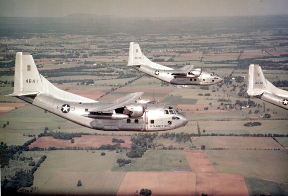 C-123Bs in the U.S. in the 1950s. The external tanks next the engines carry extra fuel. (U.S. Air Force photo)