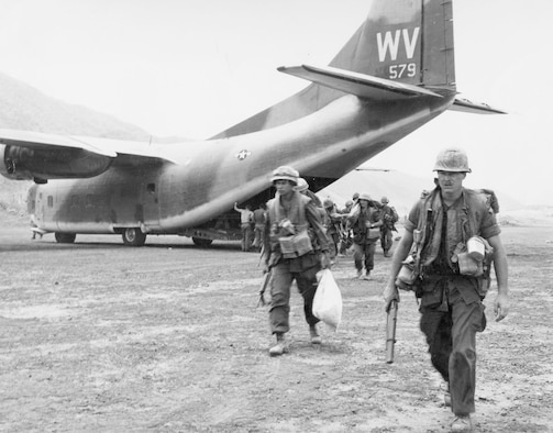 Provider unloading U.S. Marines at Calu, South Vietnam. On this airlift, 13 C-123s delivered 475 troops and over 12,000 lbs of equipment. (U.S. Air Force photo)