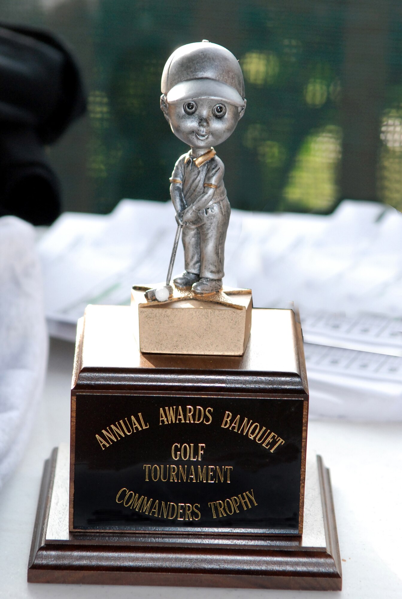This bobble head knows golf. The trophy made its deput at this year's 301st Fighter Wing Annual Awards Banquet Golf Tournament held at the Whitestone course in Benbrook, Texas. A total of 32 four-man teams joined in a day on the links to help raise $6,000 for the upcoming awards banquet planned for Jan. 6, at the Tarrant County Convention Center in Fort Worth.