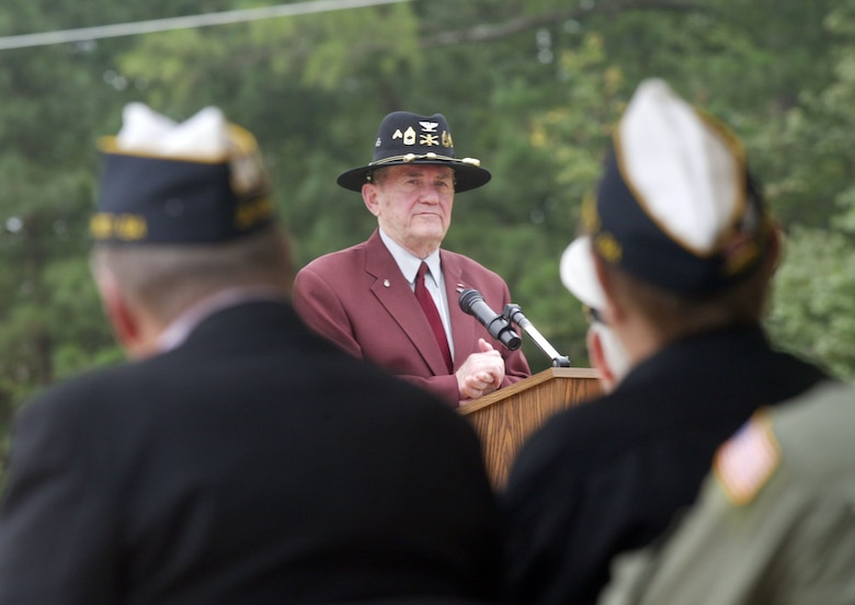 Retired Army Col. Bill Richardson, a POW from the Korean War, spoke at Dobbins' POW/MIA Park annual living memorial ceremony, where a plaque was dedicated to honor POW/MIAs from that war. (U.S. Air Force photo/Don Peek)